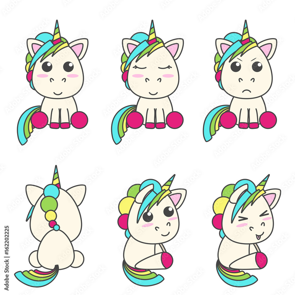 Plakat Vector set of unicorns with different emoticons. Flat design