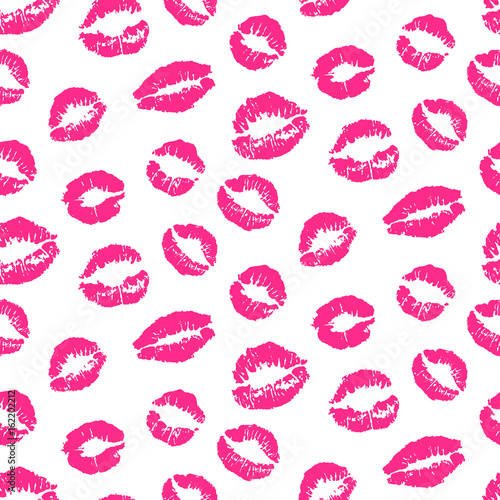 Pink lips kiss prints seamless pattern, isolated on white background