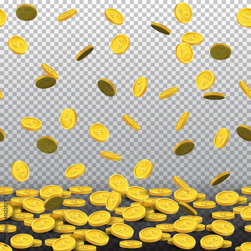 Horizontal seamless pattern with falling golden coins on transparent background.