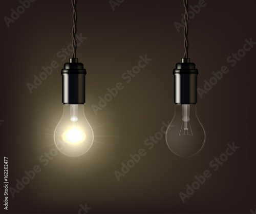 Glowing and switched off lamp isolated on brown background. Vector illustration.