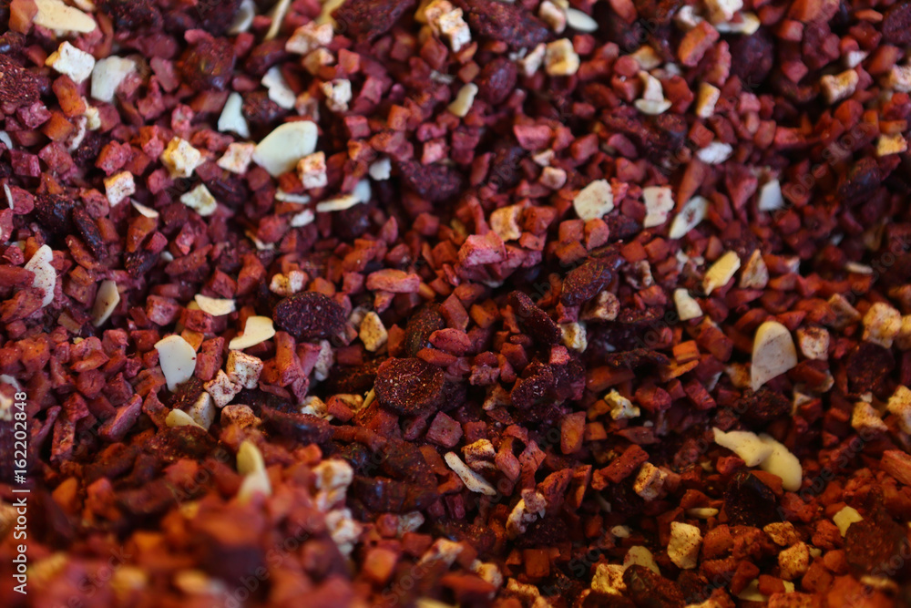 A variety of spices, seasonings, teas on the counter in a specialized shop A variety of spices, seasonings, teas on the counter in a specialized shop