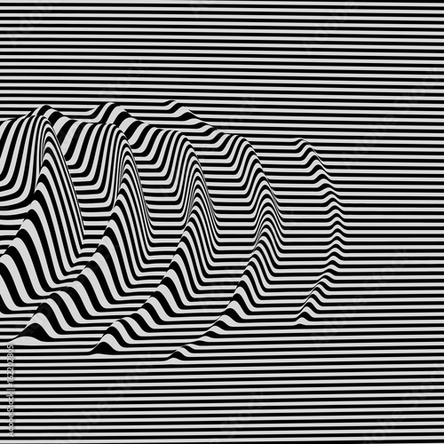 3D wavy background. Dynamic effect. Black and white design. Pattern with optical illusion. Vector illustration.