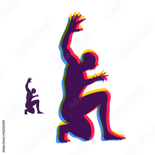 Silhouette of a man standing on his knees. Angry man figure. Vector illustration.