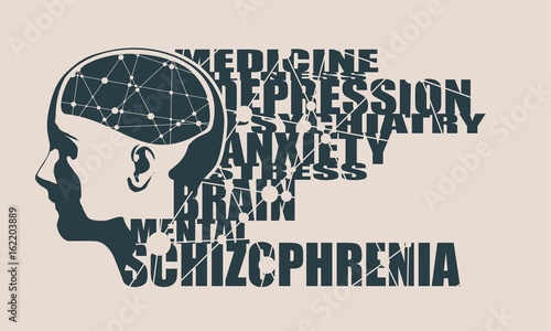 Abstract illustration of a human head with brain. Woman face silhouette. Medical theme creative concept. Connected lines with dots. Schizophrenia disease tags cloud