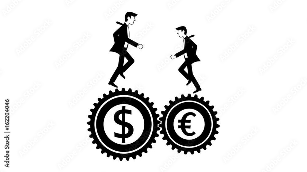 Two businessman running on gears with Dollar and Euro emblems. Looped animation with alpha channel. Two businessman running on gears with Dollar and Euro emblems. Looped animation with alpha channel.