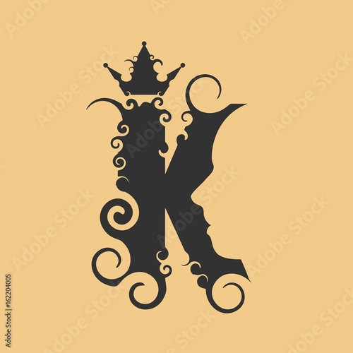 King logo. Royal luxury emblem. Face and crown icon. Business fantasy golden badge with K letter