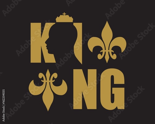 King logo. Royal luxury emblem. Face and crown icon. Business fantasy golden badge with King word