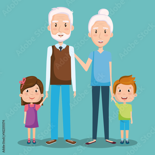 Grandparents and grandchildren over teal background vector illustration