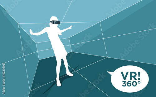 Virtual reality room with woman and 3D glasses