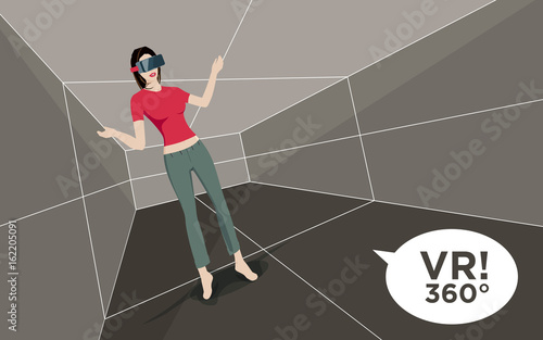 Virtual reality room with woman and 3D glasses