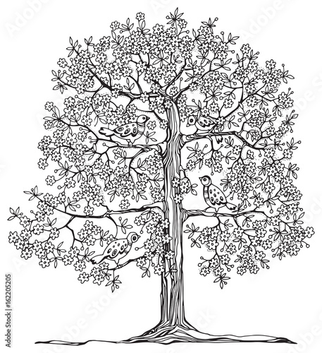 Hand drawn tree with birds