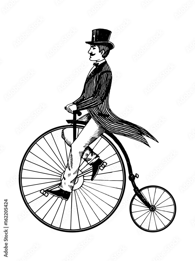 Fototapeta Man on retro vintage old bicycle engraving vector