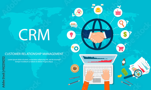 CRM : Customer relationship management. Flat icons of accounting system, clients, support, deal. Organization of data on work with clients, CRM concept. Vector illustration EPS10