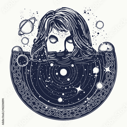 Woman in space tattoo art. Surreal girl sinks in universe. Symbol of magic, esoterics, astrology. Girl and space, goodnes woman and galaxy t-shirt design photo