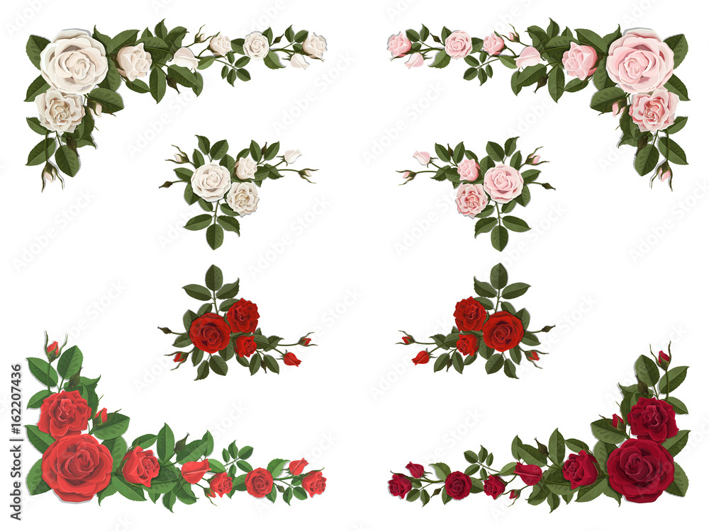 Naklejka premium Set of bouquet roses different color for design greeting and wedding cards. Corner element.