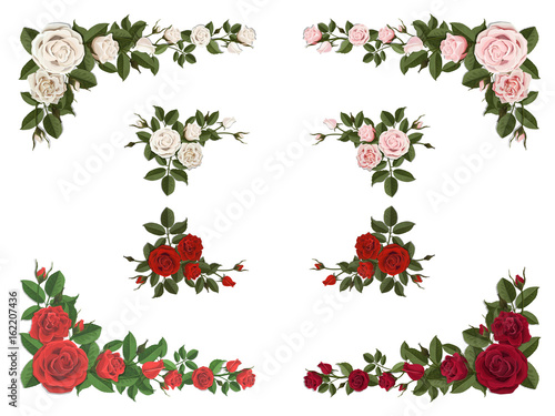 Set of bouquet roses different color for design greeting and wedding cards. Corner element.