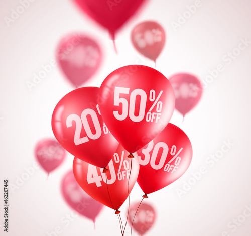 Red discount balloons vector design. Flying red balloons with 50 percent off in white background for store marketing promotion. Vector illustration.
