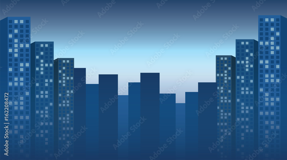 Night city dark blue background. Skyscrapers vector illustration.