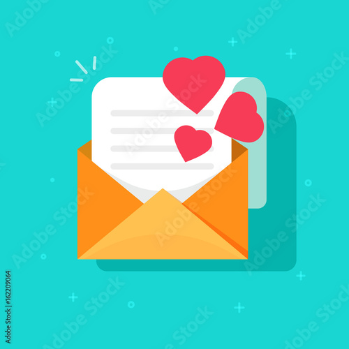 Love confession mail or email vector icon flat cartoon style, open envelope with read paper sheet letter and hearts, idea of romance invitation message, romantic e-mail, greeting gift