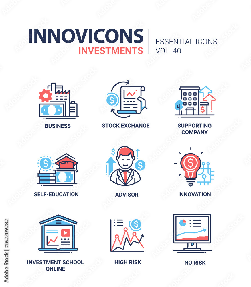 Investments - modern vector line design icons set. Investments - modern vector line design icons set.