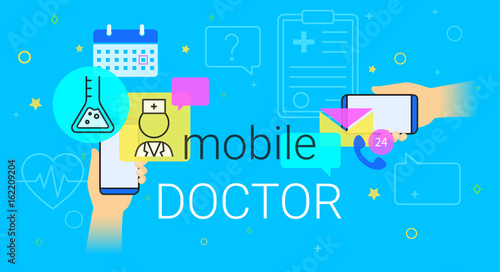 Mobile doctor and medicine research results on smartphone concept illustration. Human hands hold smart phones with app for health care and medical support. Creative healthcare banner blue background