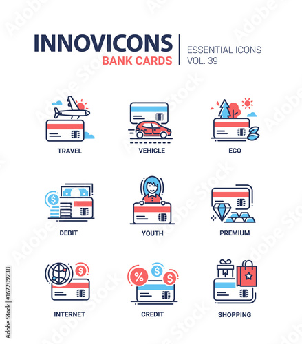 Bank Cards - modern vector line design icons set.