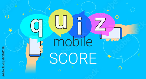 Mobile quiz interview and online high score game on smartphone concept illustration. Human hands hold smart phone with app for asking, examing and answering questions. Creative quiz speech bubbles