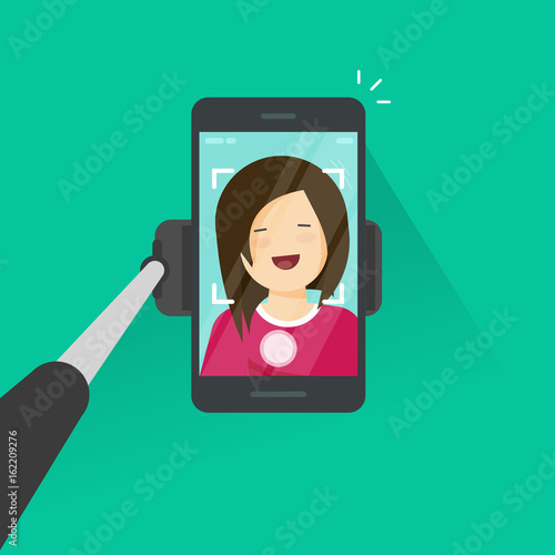 Selfie stick and smartphone making a photo of yourself vector illustration, flat cartoon young happy girl with mobile phone make self photo