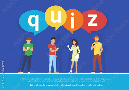 Quiz flat concept vector illustration of young people using mobile smartphone for texting, messaging and answering questions online with quiz big colored bubbles on blue background with copyspace