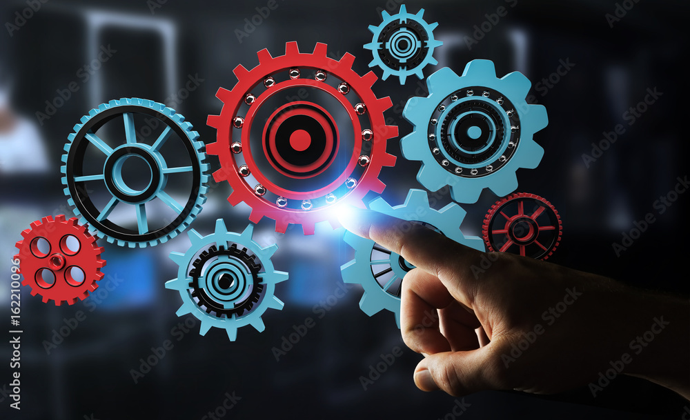 Businessman touching floating gear icons in his hand 3D rendering Businessman touching floating gear icons in his hand 3D rendering