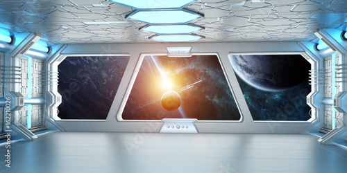 Fototapeta Naklejka Na Ścianę i Meble -  Spaceship interior with view on distant planets system 3D rendering elements of this image furnished by NASA