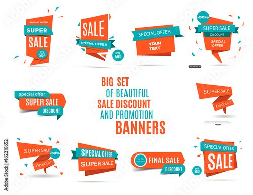 Sale banner collection. Big set of beautiful orange sale discount and promotion banners. Vector elements for website design. Special offer tag