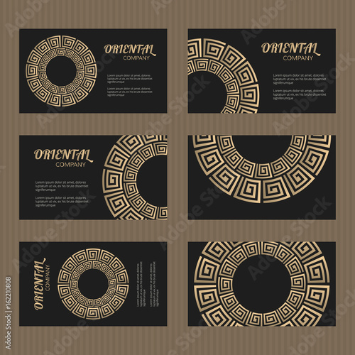 Business card set. Golden meander decorative elements. Greek design cards with greece ornament. Gift coupon or discount voucher. Vector illustration.