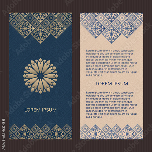 Set of two islamic luxury cards. Invitations with golden floral design. Layouts template.