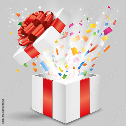 Opened gift box with shining light and confetti Vector