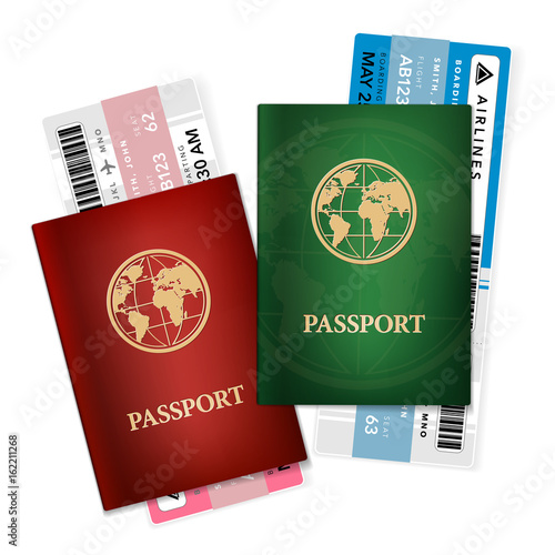 Two different passports with airplane tickets