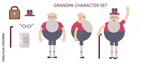 Grandpa character set in poses for animation.Flat vector illustration.