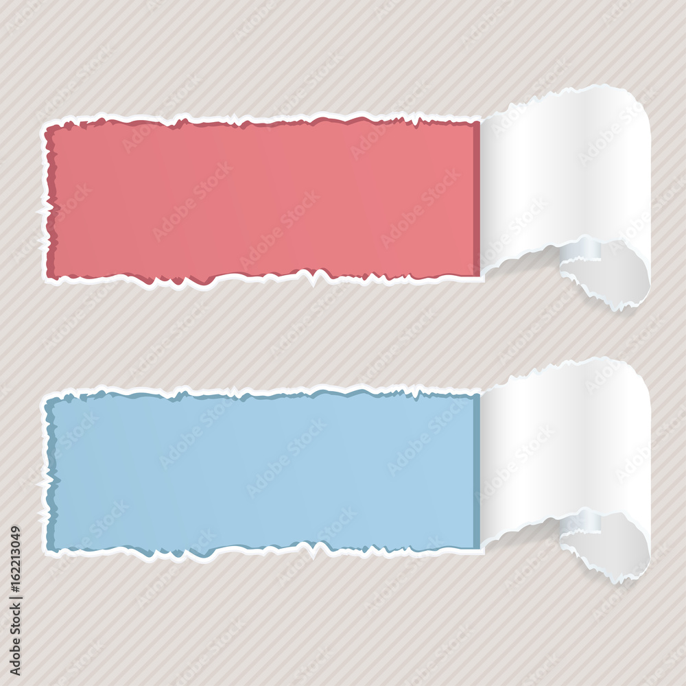 Torn paper window. Gray striped paper with red and blue background