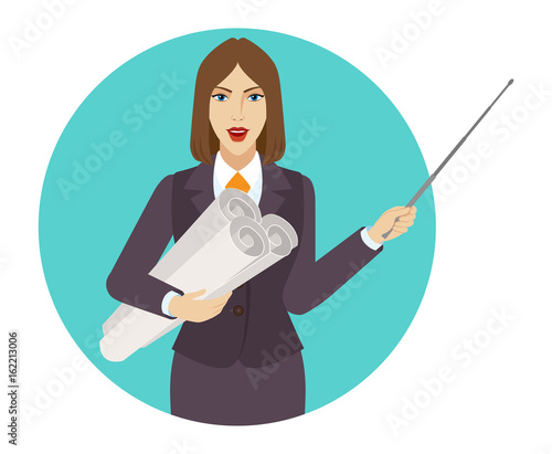 Businesswoman holding the project plans and pointing with a pointer