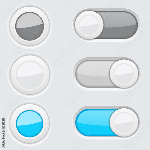 Set of round push buttons and toggle switch buttons. Blue and gray user interface elements