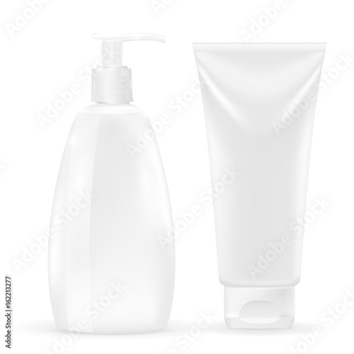 White soap dispenser bottle and cream tube