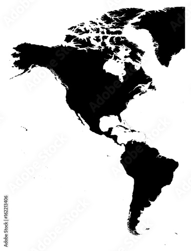 Land silhouette map of Americas, North and South America, isolated on white background. Vector illustration.