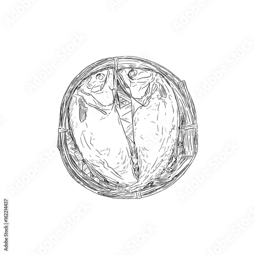 Streaming short mackerel in a basket , hand drawn sketch vector.