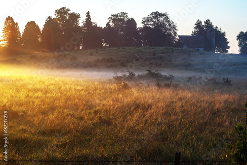 sunrise over a meadow on a farm