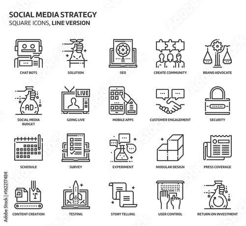 Social media strategy, square icon set