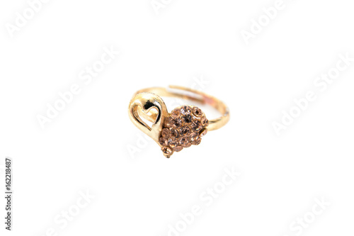 Gold ring with diamonds in heart shape style isolated on white background