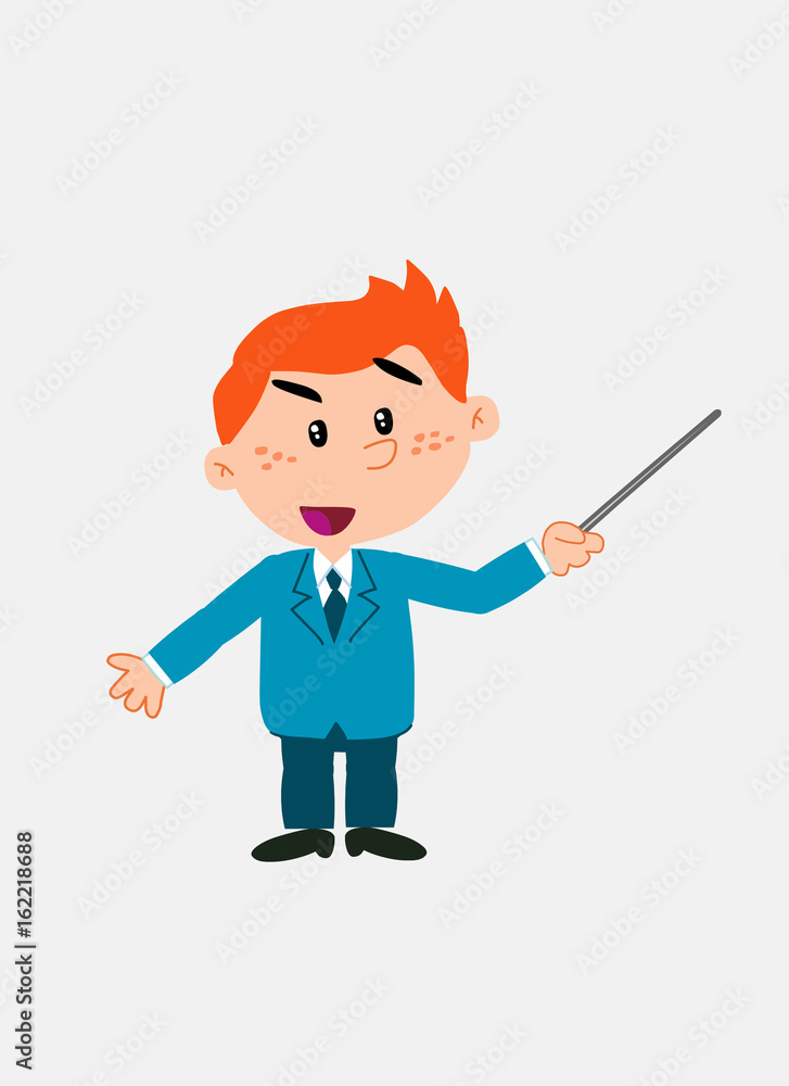 White businessman. Vector illustration isolated in a funny cartoon style. The character points with a pointer something to his side in a positive attitude. White businessman. Vector illustration isolated in a funny cartoon style. The character points with a pointer something to his side in a positive attitude.