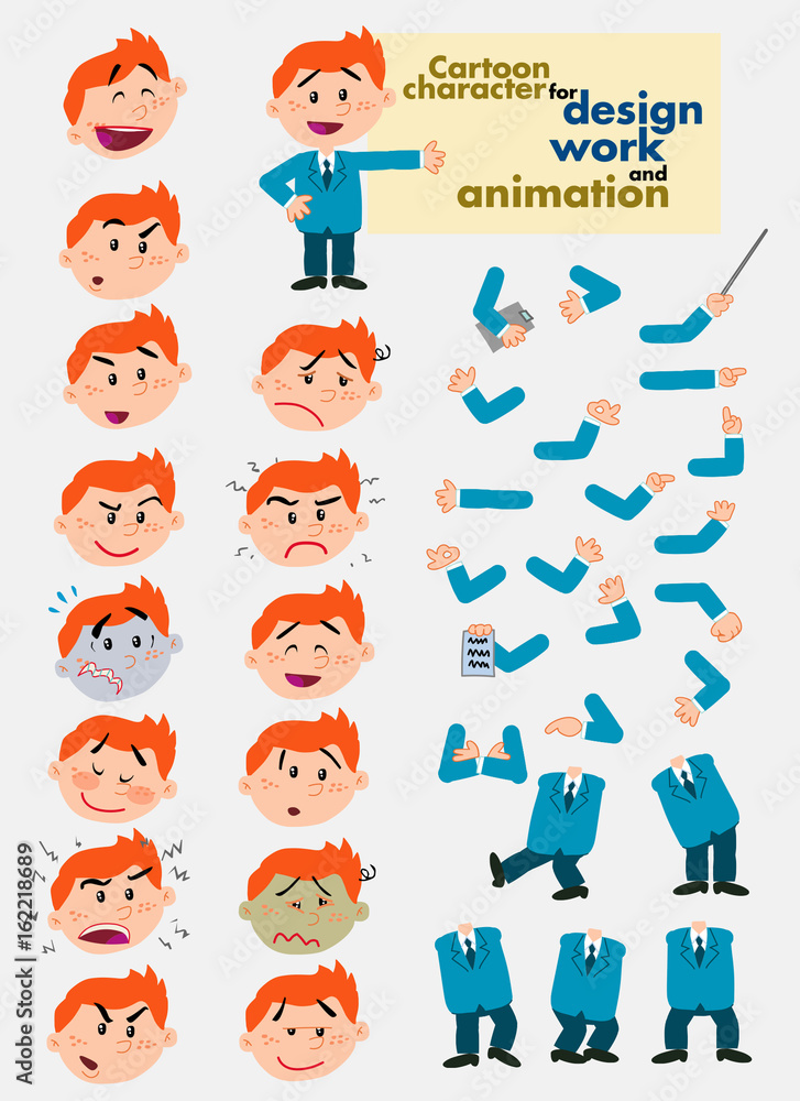 Funny cartoon of a businessman character. Face and body articulated  elements, parts of body template for design work and animation. Vector  illustration. Stock Vector | Adobe Stock
