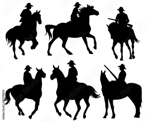 cowboy riding a horse - set of black vector silhouettes on white