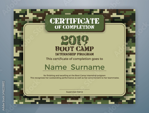 Boot Camp Internship Program Certificate Template Design with Camouflage Background for Print. Vector illustration